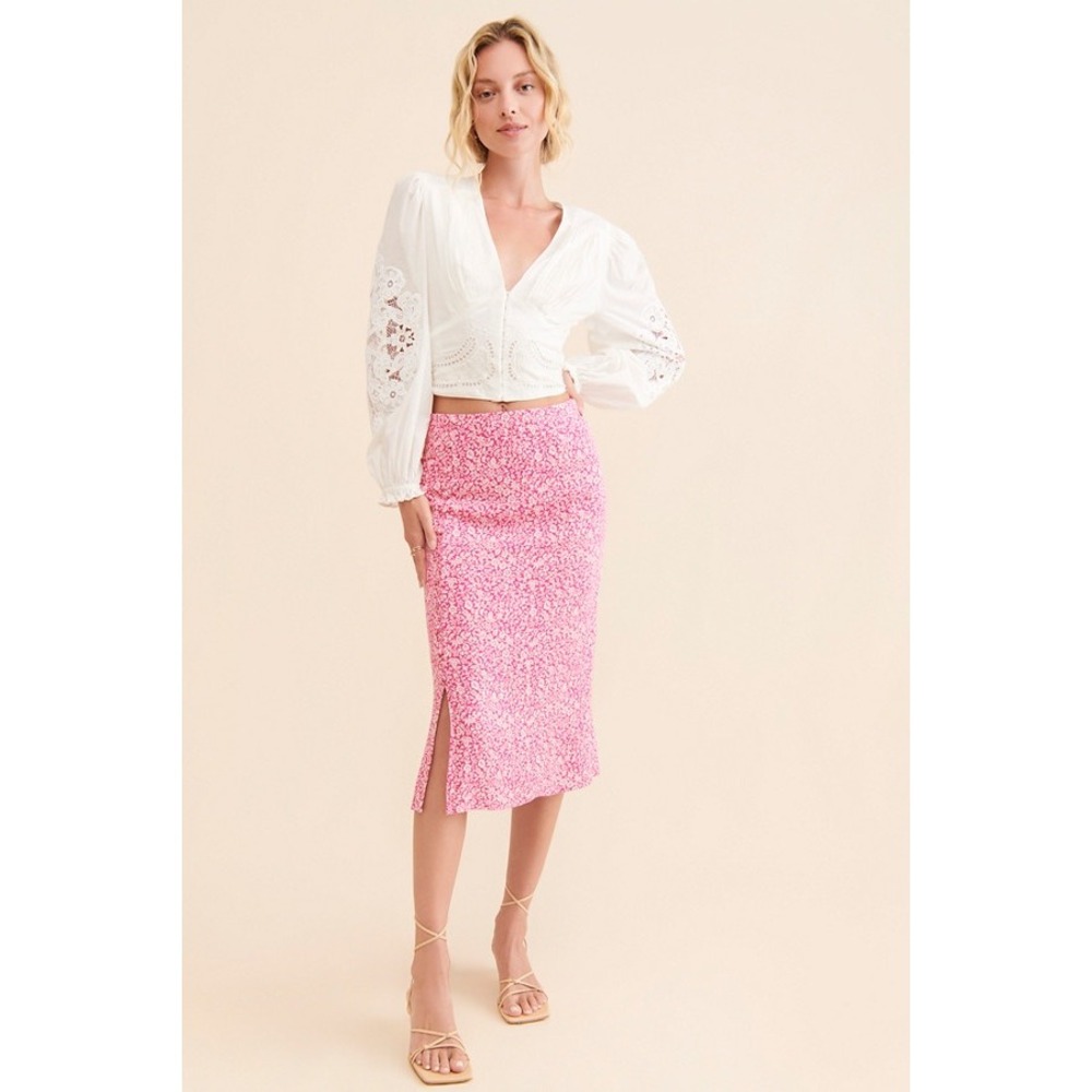 Anthropologie Mila Pink Floral Midi Skirt Front Slits Button Size 8 OB1124101